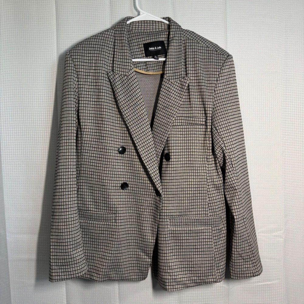 Ookie & Lala Plaid Double Blazer Women's XL Tan Black OVersized‎ Jacket